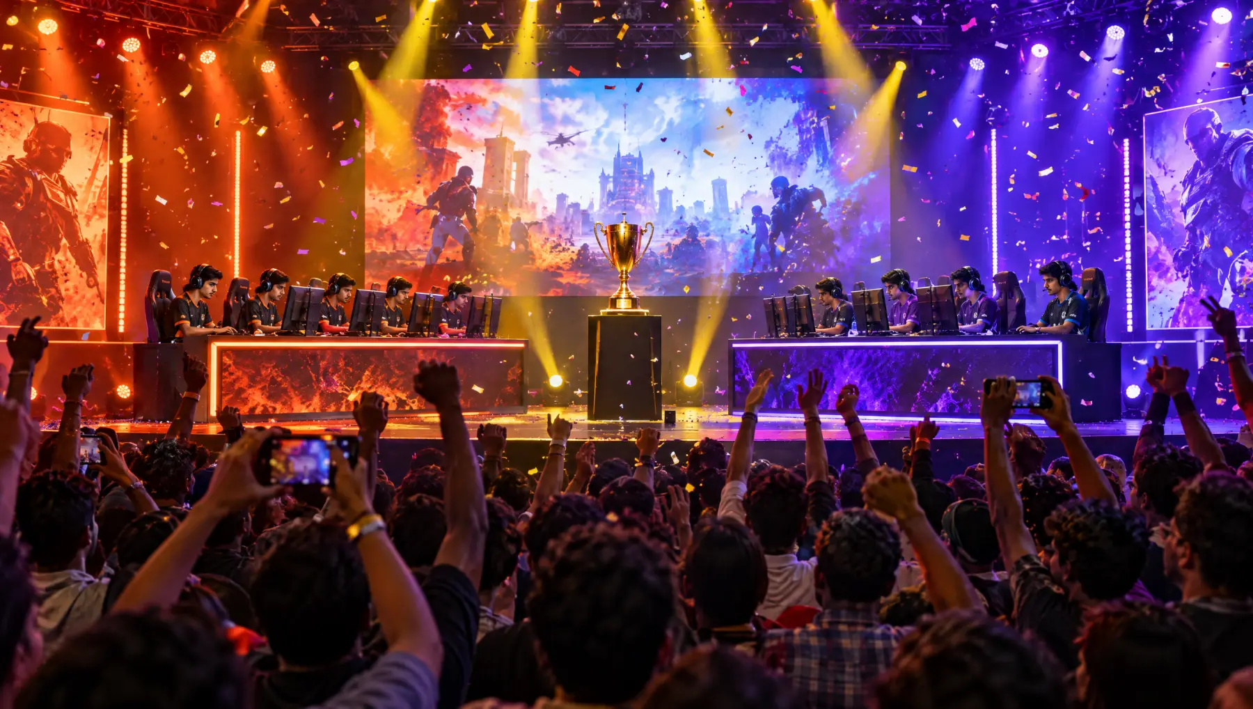 A tournament final on stage with a crowd and confetti