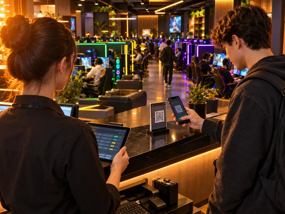 A manager at the desk with a tablet while a player pays by QR code