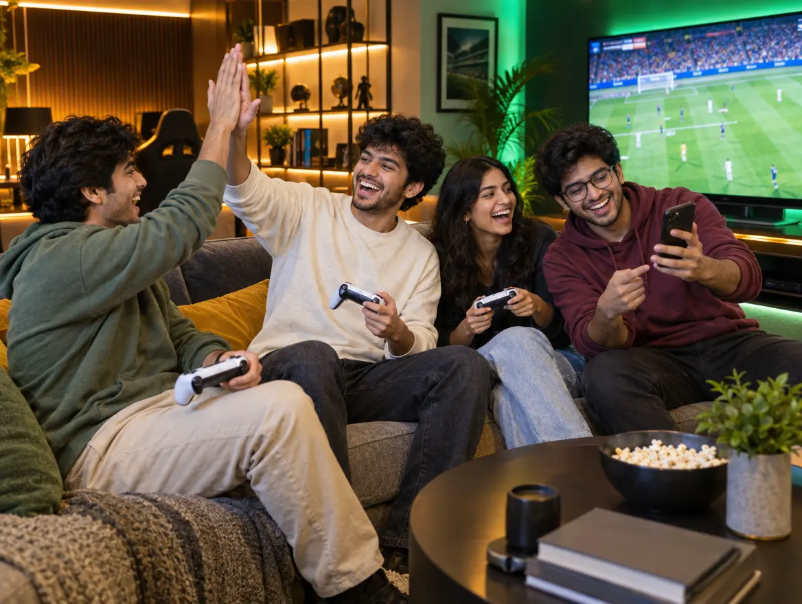 Four friends on a sofa high-fiving over a football game