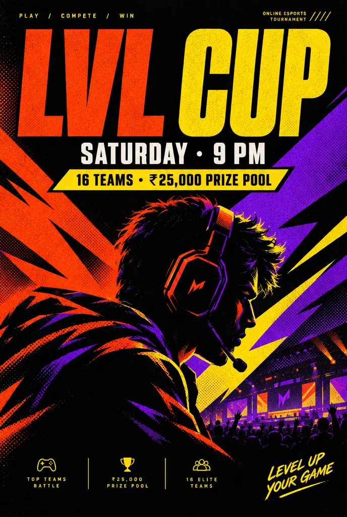 LVL Cup poster: Saturday 9 PM, 16 teams, ₹25,000 prize pool