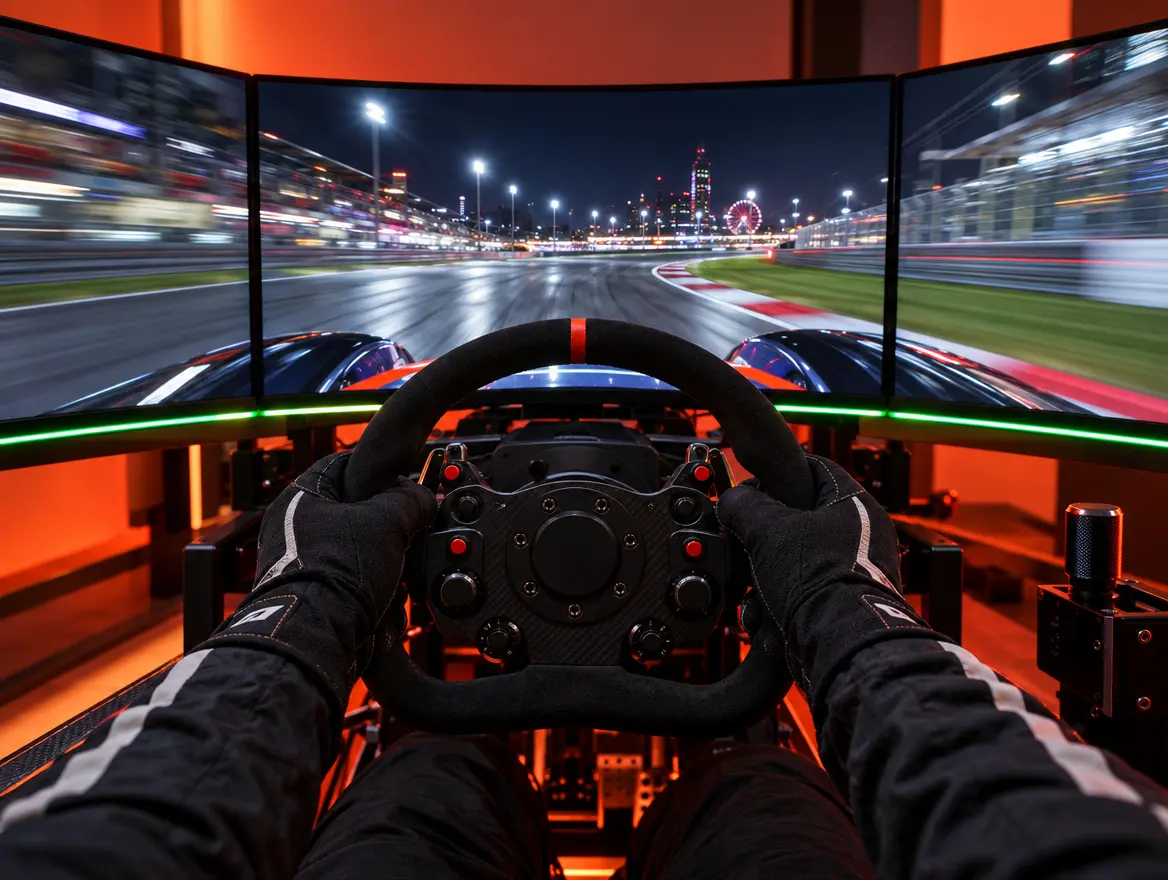 Hands on a racing wheel in front of three screens