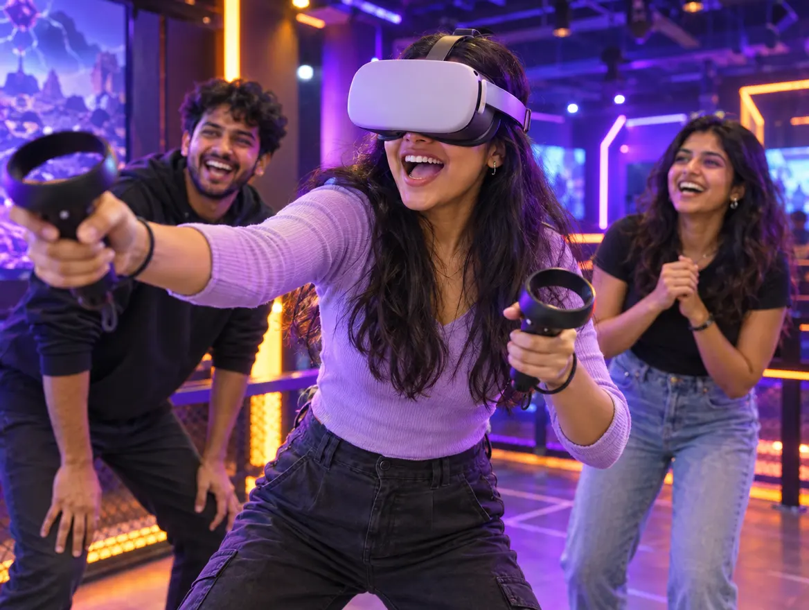 A player in a VR headset, friends cheering behind her